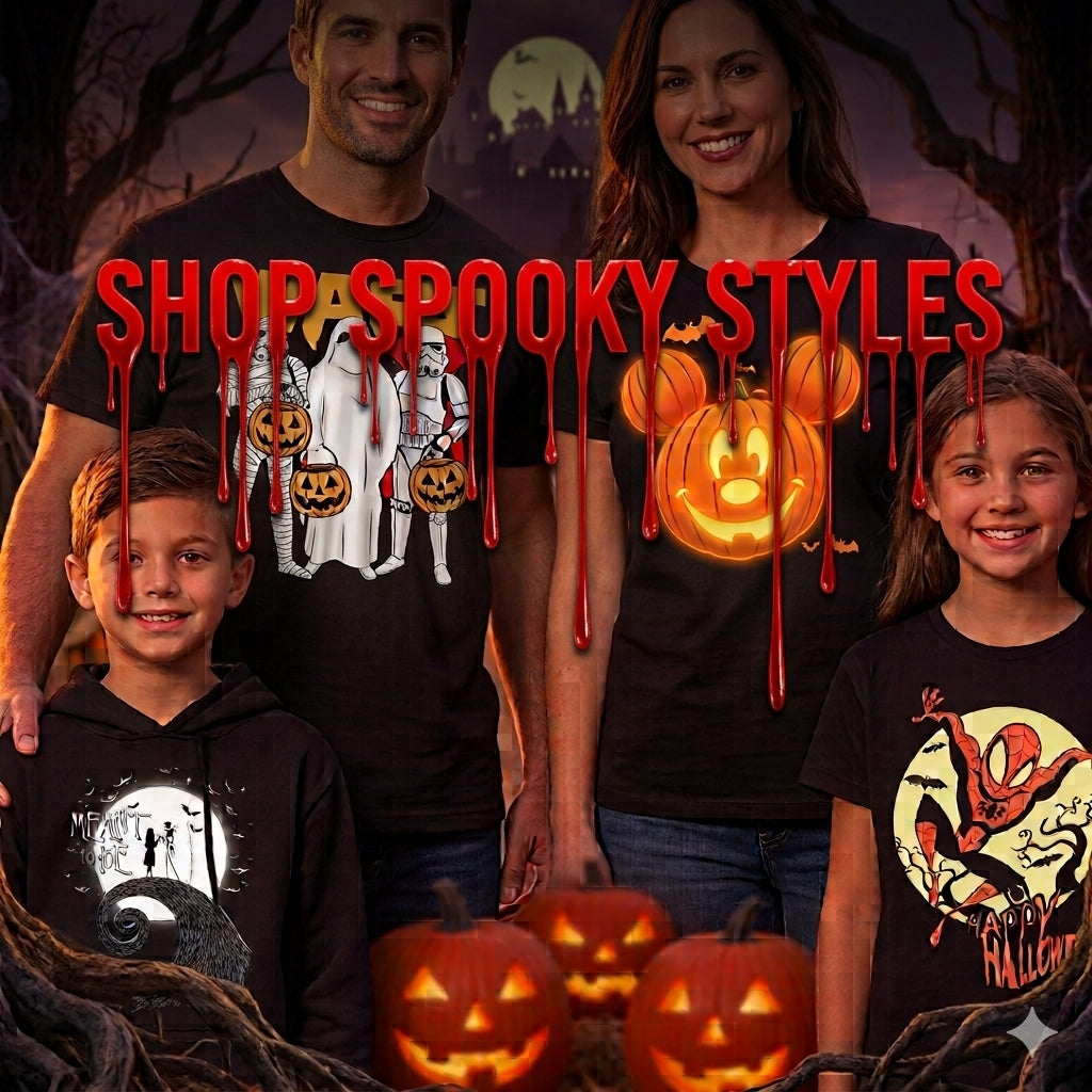 Four people wearing black graphic t-shirts with Halloween designs, posed together in front of a spooky tree background with jack-o'-lanterns. Large red text across the top reads 'SHOP SPOOKY STYLES'.