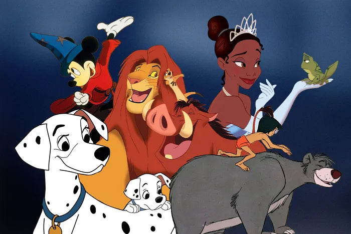 Group of animated characters from various Disney movies promotion for Tees and Apparell.