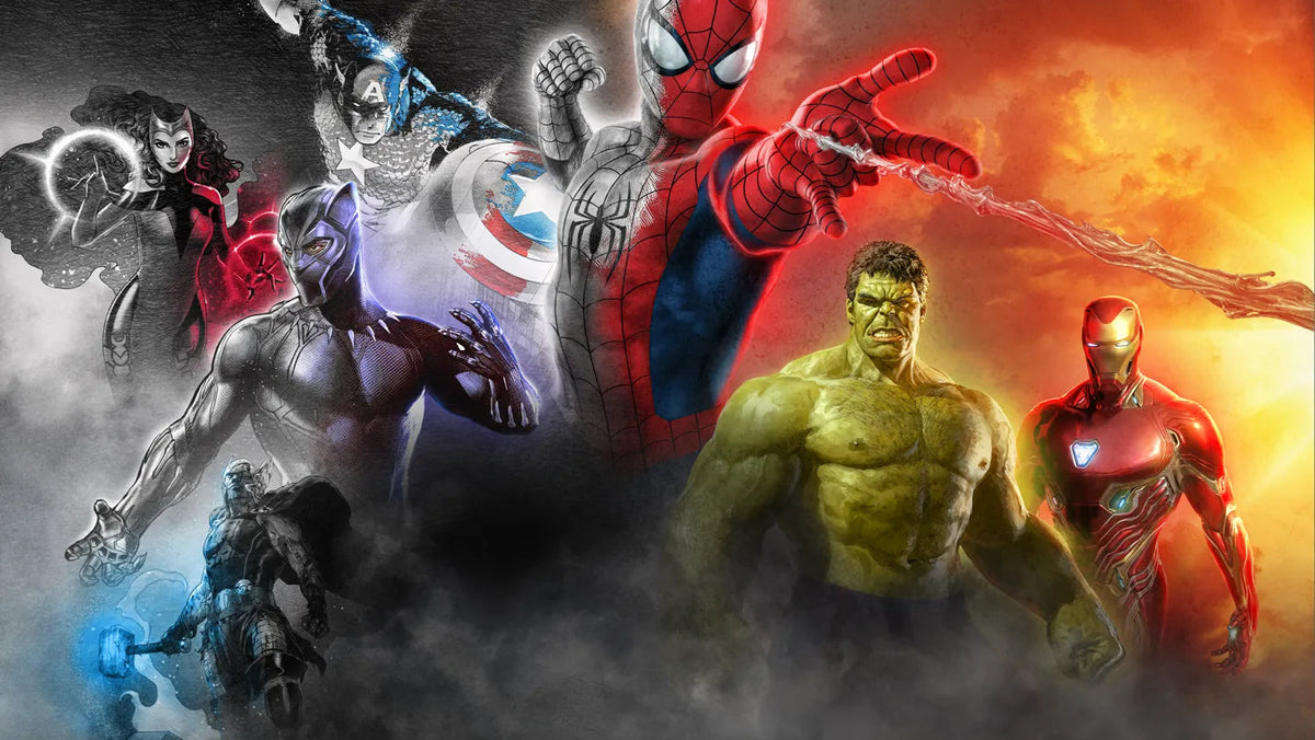 Superhero characters in various poses promoting tees and apparel
