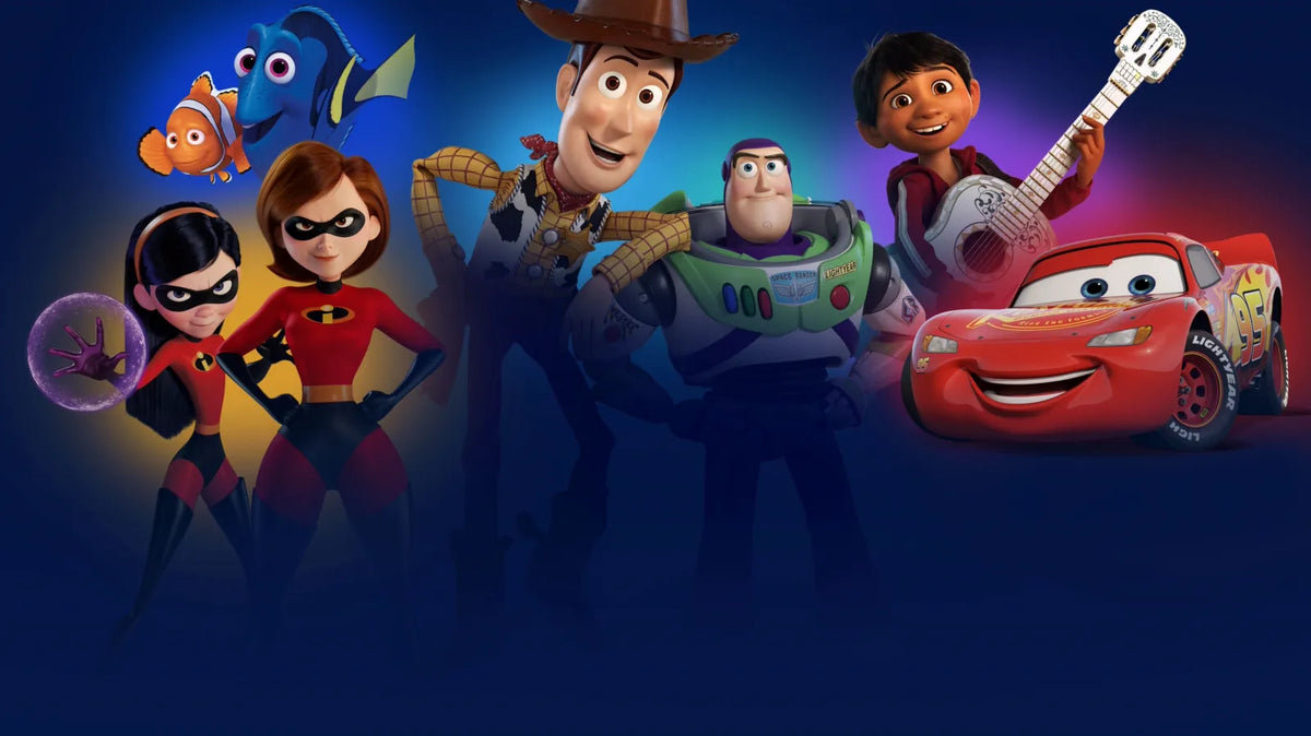Group of animated characters from various Disney/Pixar movies promoting apparel