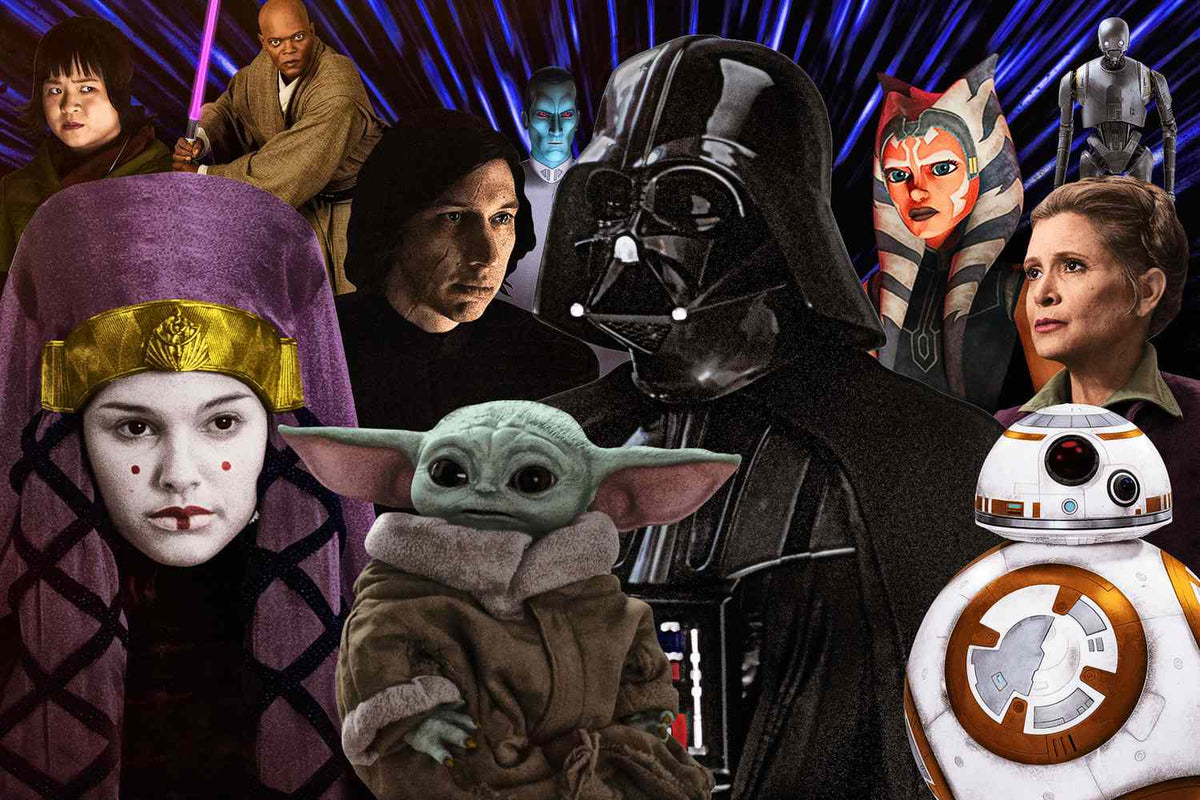 Collage of Star Wars characters including Darth Vader, Princess Leia, and Baby Yoda for Tees and Apparel