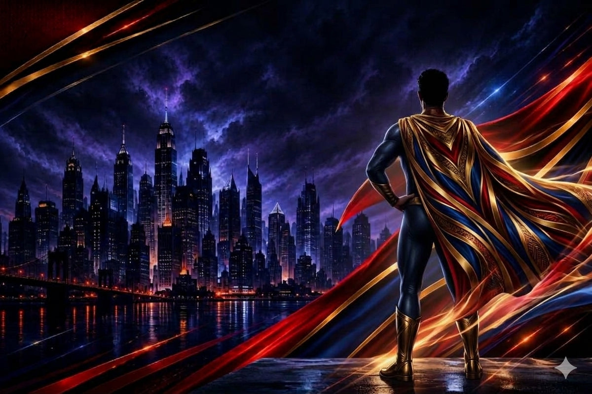 A dramatic digital artwork of a superhero standing with their back to the viewer, overlooking a dark futuristic city skyline at night. The superhero wears a blue suit with a flowing cape and boots in red, gold, and blue. mysuperhero.shop
