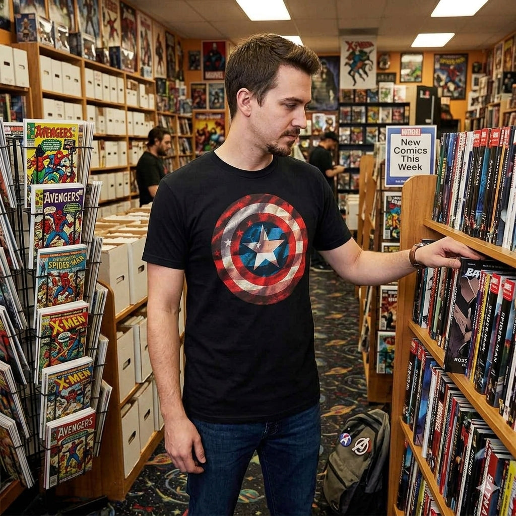 A man in a comic book store wearing a black t-shirt with a distressed Captain America shield graphic, browsing through shelves of comic books.